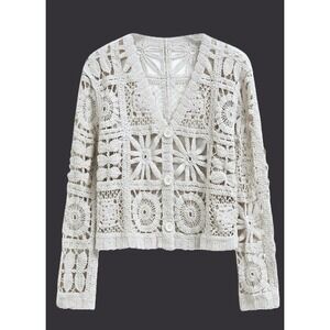 Brand Bazar Ivory Floral Crochet Patchwork Cropped Cardigan Sweater Sz S-M Boho